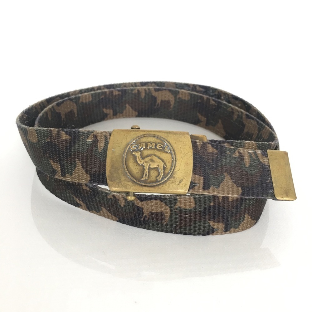 Vintage Joe Camel Belt Adjustable Brass Buckle Camo Strap Cigarette Merch